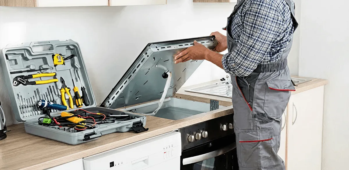 Handyman repairing a cooktop and checking wiring connections in Fort Collins, CO