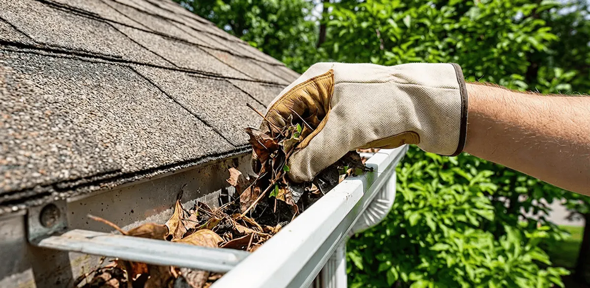 Gutter cleaning removing leaves and debris from roof gutters in Fort Collins, CO
